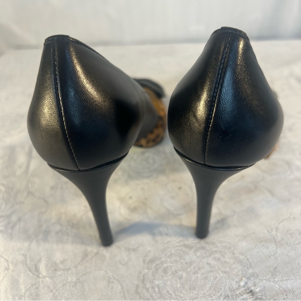 Kate Spade Heels Black Leather & Animal Print Calf Hair Black Bow Slip On EUC 7M - Picture 6 of 8